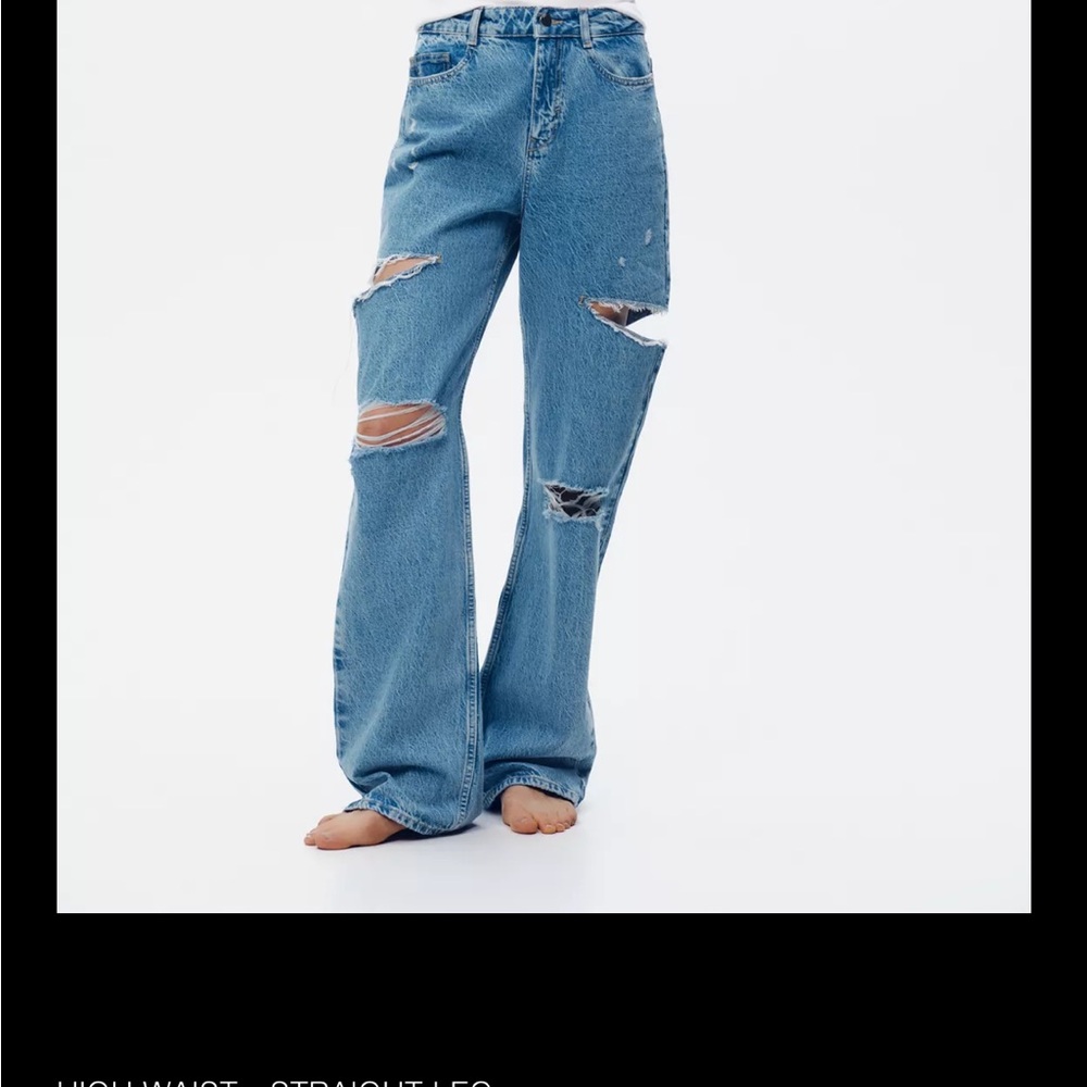 Zara Blue Straight Leg Distressed Jeans